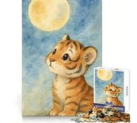 Tiger Cub Under The Moon Jigsaw Puzzles for Teenagers 1000 Piece Mind Skill Toy Simple Fun Design Assembly Memorable Gift 38x26cm