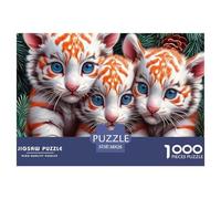 Tiger Cubs Pine Needles 1000 Pieces Puzzle Game - Three White Tiger Cubs on Pine Needles The Whole Family Fun And Challenging Activity for Home Decompression38x26cm/1000pcs