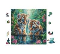 Tiger Cubs Waterfall 100 Piece Complete Jigsaw Puzzle Set Teens Beginners Mind Relaxation Puzzle Fans Group Play Anniversary Fathers Gift Thick Cardboard 28x28cm