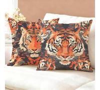 Tiger Cushion Covers 35 x 35 cm Set of 2, Orange Cushions with Hidden Zip, Comfort Soft Square Pillow Cases, Outdoor Waterproof Velvet Cushion Covers, Decorative Pillows for Sofa, Living Room K6-677
