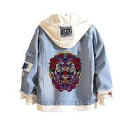 Tiger Denim Hoodies Jean False Two Pieces Denim Jacket Coats Button Down Hoodie Sweatshirts for Teen Adult
