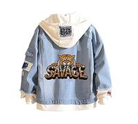 Tiger Denim Hoodies Jean False Two Pieces Denim Jacket Coats Button Down Hoodie Sweatshirts for Teen Adult