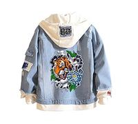 Tiger Denim Hoodies Jean False Two Pieces Denim Jacket Coats Button Down Hoodie Sweatshirts for Teen Adult
