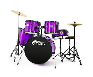 Tiger DKT28-PU Full-Size Acoustic Drum 22" Bass Drum Kit - Purple | with Stands, Stool Sticks & Cymbals