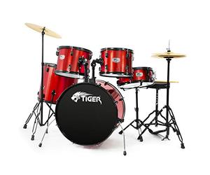 Tiger DKT28-RD Full-Size Acoustic Drum 22" Bass Drum Kit - Red | with Stands, Stool Sticks & Cymbals