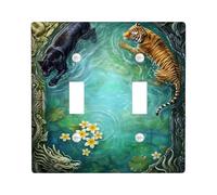 Tiger Double Light Switch Cover Plate, Wildlife Nature Panther Dragon Nature Green Plastic Standard Size Wall Switch Plates Accents for Home Living Room New Apartment Decor
