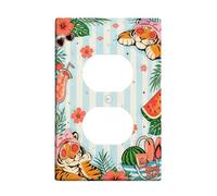 Tiger Duplex Outlet Covers Wall Plate, Tropical Fun Watermelon Hibiscus Summer Peach Plastic Standard Size Double Power Outlet Cover Plate for Living Room Bedroom Home Office Decor