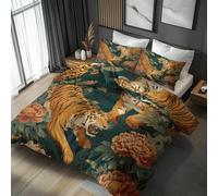 Tiger Duvet Cover Super King Bedding Set, Chrysanthemum Animal Pattern, Reversible Design Bedroom Decor Bed Quilt Cover with 2 Pillowcases, Microfiber, Zip - SMK27828