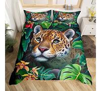 Tiger Duvet Cover Wild Animal Bedding Set Wildlife Safari Cat Comforter Cover for Boys Girls Children Teens Botanical Leaves Bedspread Cover Double