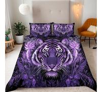 Tiger Duvet Set Adult 3 Piece Bedding Set, with 2 Pillow Shams Purple Flower Animal Tiger Duvet Cover For Room Decoration Microfiber Comforter Cover With Zipper, Super King Size 260x220 cm