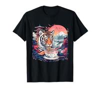 Tiger Eating Ramen Mount Fuji Pagoda Tower Tiger Noodle Art T-Shirt