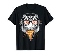 Tiger Eats Pizza Sunglass Headphone Animal Face Art Tiger T-Shirt