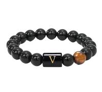 Tiger Eye Bracelet Men, Initial Bracelet for Men, Black Beaded Letter Bracelet A-Z, Natural Stone Stretch Mens Bracelet, Personalized Gift Jewelry, One Size, Acetate, no gemstone