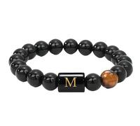 Tiger Eye Bracelet Men, Initial Bracelet for Men, Black Beaded Letter Bracelet A-Z, Natural Stone Stretch Mens Bracelet, Personalized Gift Jewelry, One Size, Acetate, no gemstone