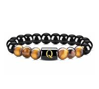 Tiger Eye Bracelet Men, Initial Bracelet for Men, Black Beaded Letter Bracelet A-Z, Natural Stone Stretch Mens Bracelet, Gift Jewelry, One Size, Acetate, no gemstone