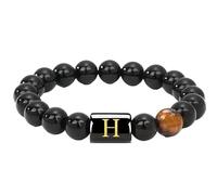 Tiger Eye Bracelet Men, Initial Bracelet for Men, Black Beaded Letter Bracelet A-Z, Natural Stone Stretch Mens Bracelet, Personalized Gift Jewelry, One Size, Acetate, no gemstone