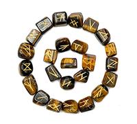Tiger Eye Runes Stone Set with Velvet Pouch and Instruction EBook ~ Elder Futhark Runes Engraved Pagan Viking Symbols for Reiki Healing, Crystal Grid & Energy Balancing