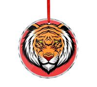 Tiger Face Christmas Tree Ornament, Red and Orange, Round Acrylic, 8cm Diameter, Holiday Decoration