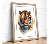 Tiger Face Forward Botanical Framed Wall Art Print A2 Oak