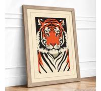 Tiger Face Forward Graphic Art Framed Wall Art Print A2 Oak