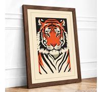 Tiger Face Forward Graphic Art Framed Wall Art Print A4 Walnut