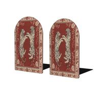 Tiger Fight Red Book Ends Wood Bookends Non-Slip Decorative Books for Shelves Bookshelf Organizer Home Office Library Decorative