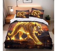 Tiger Flame Single Duvet Cover Set 150x200 cm with 2 Pillow Cases 50x75 cm 3D Print Tiger Animal Bedding Set Microfibre Machine Washable with Hidden Zip Corner Ties Children's Rooms Dorms Beds