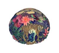 Tiger Floral Flower Printed Double-Layer Shower Cap, Reusable Shower Cap, Suitable For Various Hair Lengths