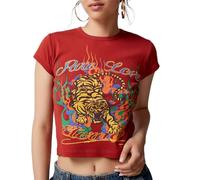 Tiger Graphic Baby Tees for Women Y2K Short Sleeve Crew Neck Crop Top Slim Fitted Cropped T Shirts Cute Summer Streetwear Teen (Red, L)