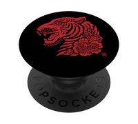 Tiger Head Floral Peony Paper Cut Asian Art PopSockets Adhesive PopGrip