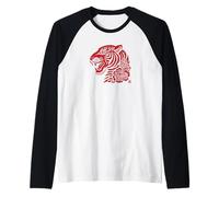 Tiger Head Floral Peony Paper Cut Asian Art Raglan Baseball Tee