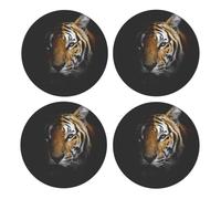 Tiger Head In Dark Printed,Round MDF Cork Coasters, Mugs Pad, Cups Mat Set of 4 Drinks Coasters