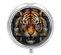 Tiger Head Metal Pill Organizer, 3 Compartment Waterproof Pill Case with Mirror for Purse Pocket Bag, Daily Medicine Vitamin Holder, Portable Travel Med Container(Round)