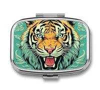 Tiger Head Pattern Pill Box 2 Compartment Pill Organizer Travel Pillcase with Mirror Square Metal Pill Container Weekly Medicine Planner Vitamin Organizer for Pocket