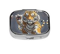 Tiger Head Round Square Pill Case with Raised Legs Daily Pill Box 2 Compartments Travel Pill Container for Pocket Wallet Box