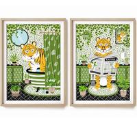 Tiger in Bath Print Set, Two Tiger in Bathroom Prints, A4 UNFRAMED Prints, Animal on Toilet Print, Black and GreenBathroom Print, Tiger Toilet Prints, Tropical Bathroom Decor, Tiger Reading Newspaper