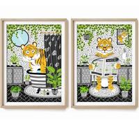Tiger in Bath Print Set, Two Tiger in Bathroom Prints, A4 UNFRAMED Prints, Animal on Toilet Print, Black and White Bathroom Print, Tiger Toilet Prints, Tropical Bathroom Decor
