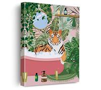 Tiger in Bathtub Canvas Poster Painting Bathroom Wall Art, Boho Jungle Picture Artwork Framed Botanical Print Ready to Hang for Restroom Toilet Wall Decor 12 x 15 inch