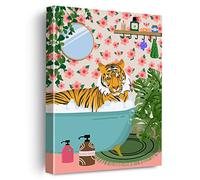 Tiger in Bathtub Canvas Poster Painting Bathroom Wall Art, Botanical Jungle Tiger Picture Artwork Framed Print Ready to Hang for Restroom Toilet Wall Decor 12 x 15 inch