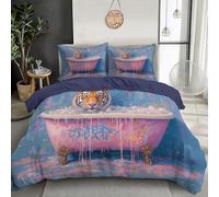 Tiger In Bathtub Duvet Cover Super King Size, Pop Art Graffiti Style Bedding Set, Ultra Soft Comfy Reversible Duvet Covers for Girls Boys Bedding Quilt Cover with 2 Pillowcases, Pink