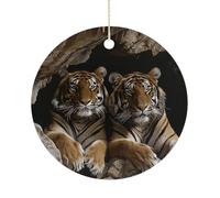 Tiger in Cave Double-Sided Ceramic Christmas Ornaments - Round Hanging Mini Xmas Tree Decorations, Ideas for Farmers, Rustic Home Decor for Indoor Outdoor Tree Decor