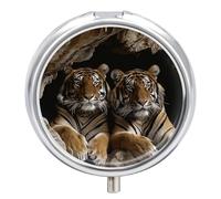 Tiger in Cave Pill Box - 3 Compartment Travel Pill Organizer with Small Mirror, Portable Pillcase for Pocket & Purse, Cute Round Medicine Case, Weekly Medicine Container