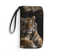 Tiger in Cave Printed Wallets Zip Around Wallets Leather Long Wallets for Men And Women Credit Card Holders with Cord, Essential for Travel, Office And Shopping