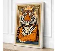 Tiger in Gold Frame Art Deco Canvas Wall Art Print 24x16 Inch | Cream
