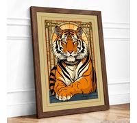 Tiger in Gold Frame Art Deco Framed Wall Art Print A2 (59.4×42cm) Walnut, Wall Decor for Living Room, Bedroom, Office & Home, Ready to Hang, Art Gift