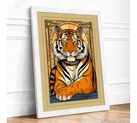 Tiger in Gold Frame Art Deco Framed Wall Art Print A3 (42×29.7cm) White, Wall Decor for Living Room, Bedroom, Office & Home, Ready to Hang, Art Gift