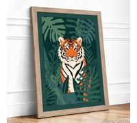 Tiger in Jungle Depths Tropical Framed Wall Art Print A3 Oak