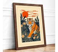 Tiger in Jungle Japandi Framed Wall Art Print A3 Walnut