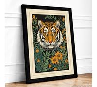 Tiger in the Flowers Botanical Framed Wall Art Print A2 (59.4×42cm) Black, Wall Decor for Living Room, Bedroom, Office & Home, Ready to Hang, Art Gift