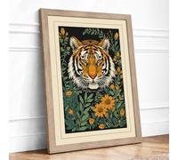 Tiger in the Flowers Botanical Framed Wall Art Print A3 (42×29.7cm) Oak, Wall Decor for Living Room, Bedroom, Office & Home, Ready to Hang, Art Gift